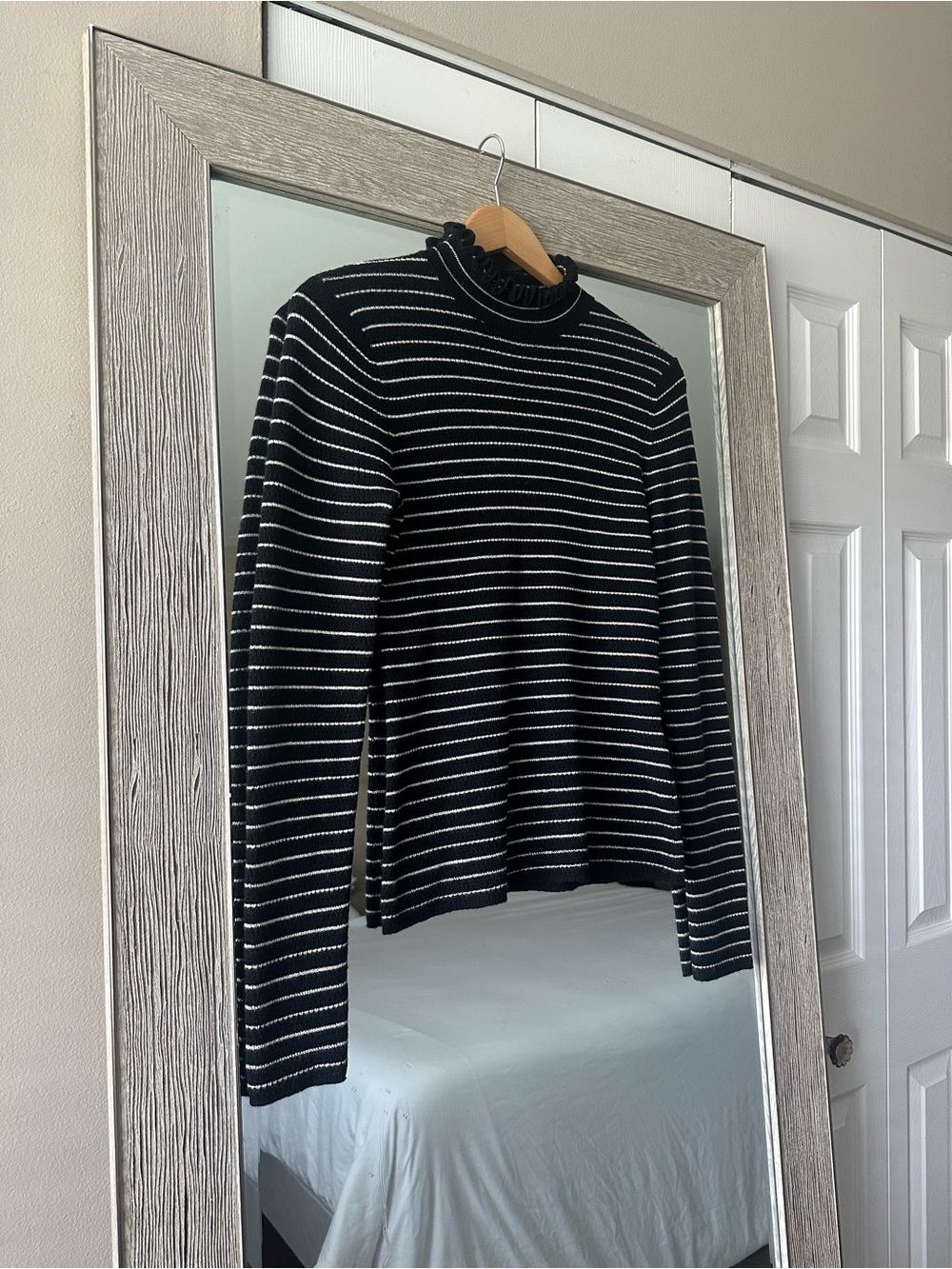 Rebecca Taylor Merino Wool Black White Striped Mock Neck Ruffle Sweater Medium